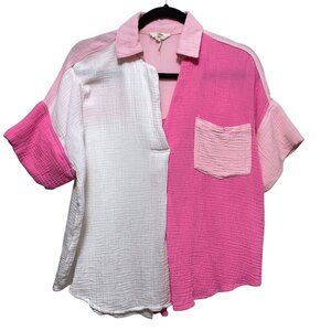 Entro Solid Pink White Colorblock Short Sleeve Collared Button-Back Gauze Top M
